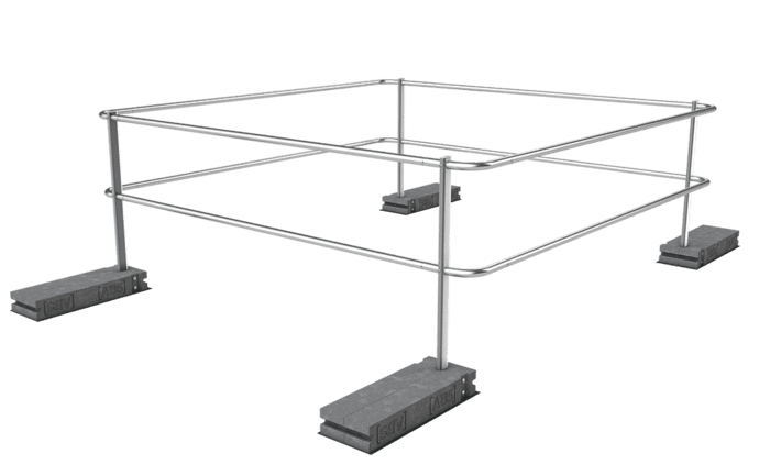 Image showing an ABS Dome OnTop Weight guard rail weighted down with special concrete weights - specially designed to secure domed rooflights