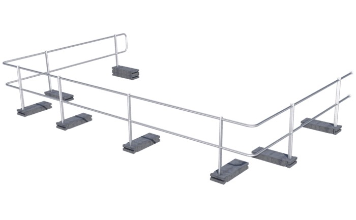 Image showing our ABS Guard OnTop Weight guard rail system with concrete weights installed on a flat roof using weights - provides lateral protection
