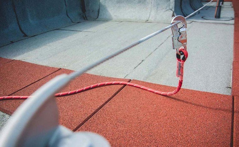 Photo showing the carabiner of an ABS Lanyard hooked up to a lifeline system
