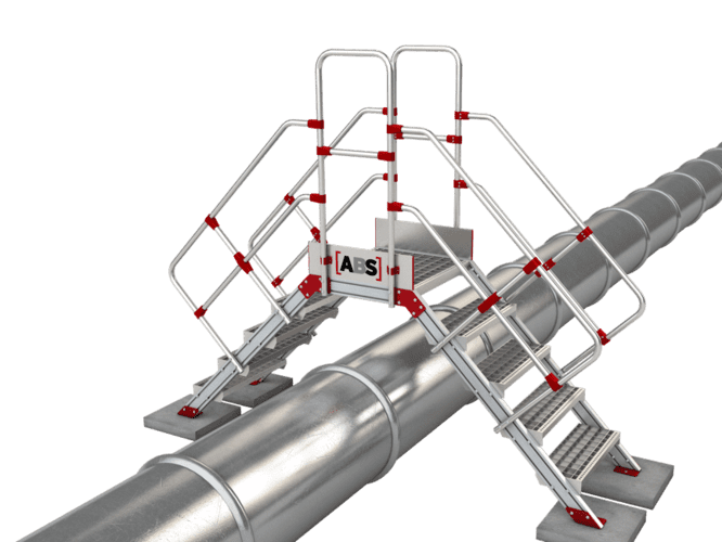 Foto van een aluminium loopbrug met traptreden aan beide zijden