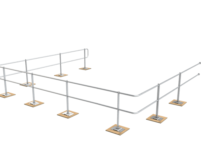 Image showing the guard rail system whilst installed as a temporary safety system during the installation of wooden building components.
