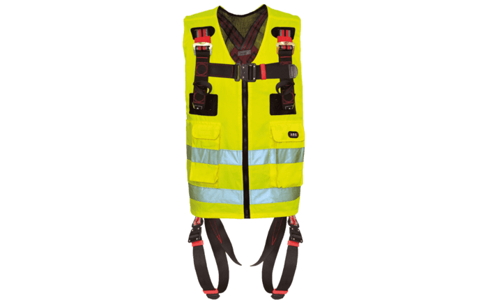 Illustration d’un gilet de sécurité jaune fluorescent avec harnais intégré assurant la protection antichute de l’utilisateur