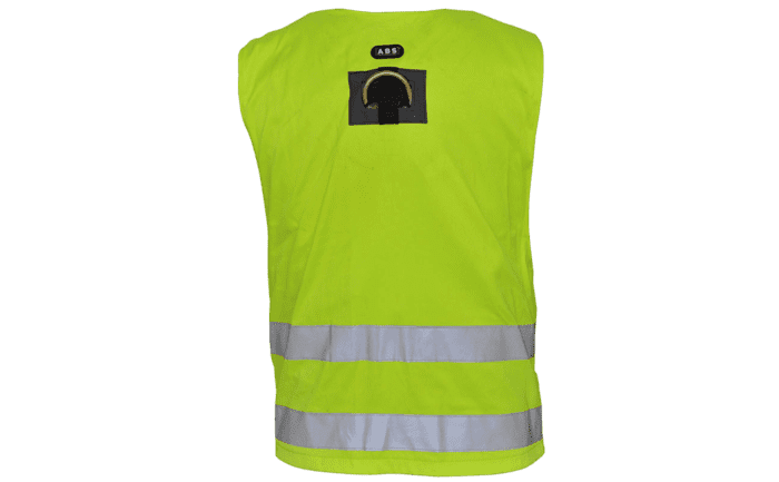 Rear view of an ABS ComfortVest safety harness which also functions as a high-viz vest