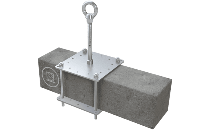 Image showing an ABS-Lock X-Klemm anchorage point for individuals - shown here clamped firmly onto a concrete pillar