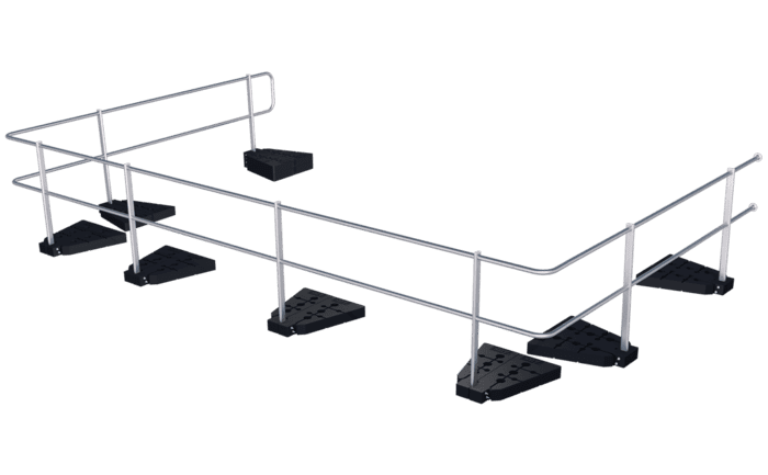 Image showing our ABS Guard OnTop Weight guard rail system with plastic weights installed on a flat roof using weights - provides lateral protection